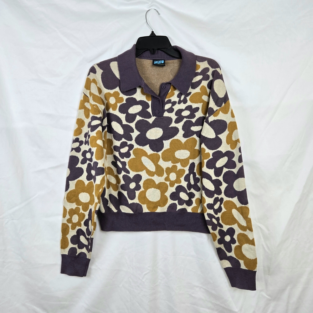 A-Lab Zumiez Mackie‎ Purple Gold Retro 70s Floral Long Sleeve Crop Sweater Large